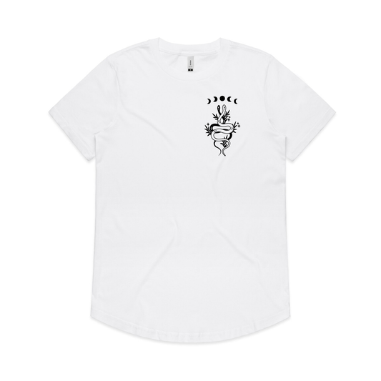 JamesT Apparel women's cotton Drop tee. Tangled Snakes design AS Colour front white