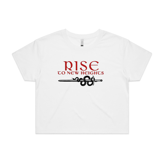 JamesT Apparel women's cotton crop tee. Rise to new heights design AS Colour front white
