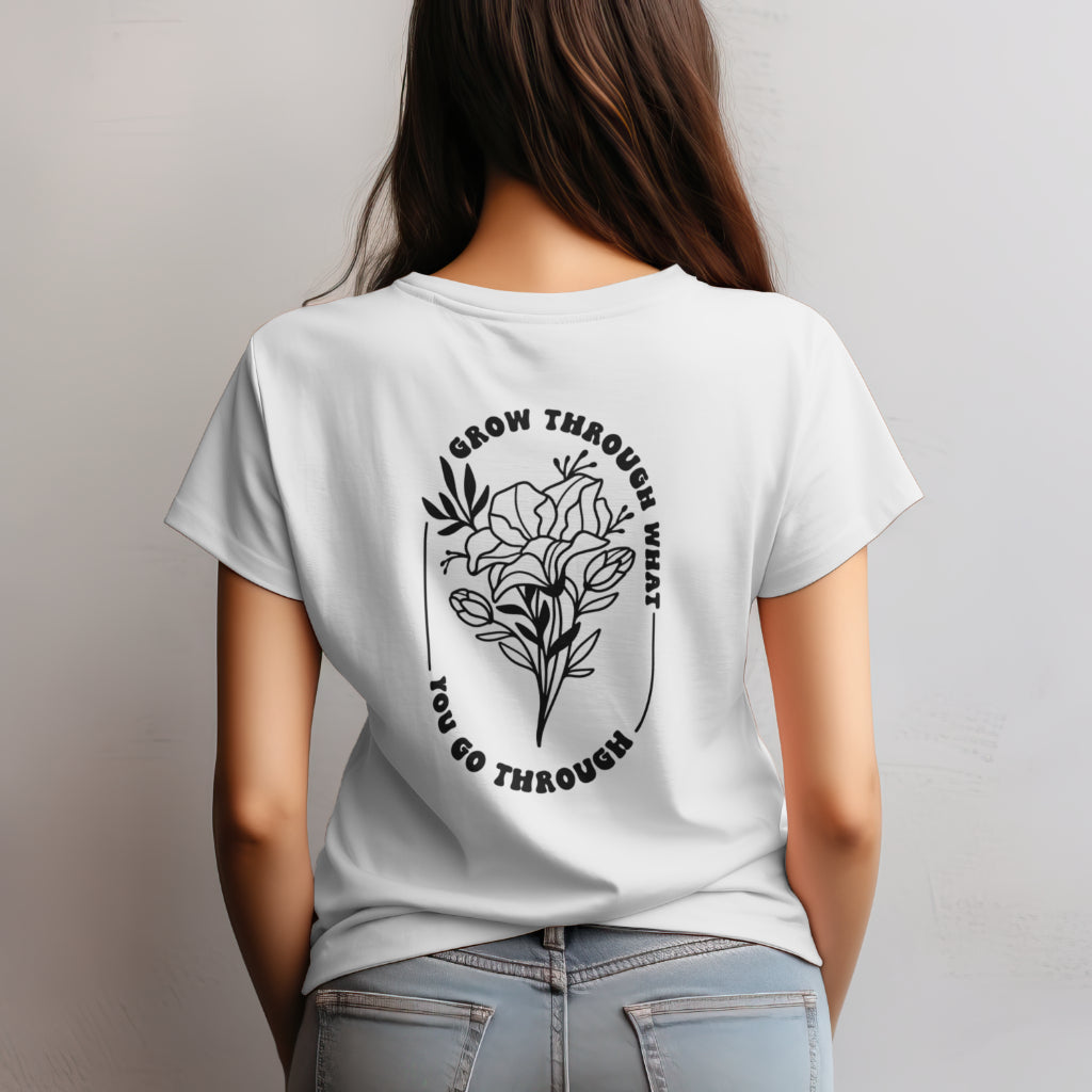 JamesT Apparel women's cotton crop tee. Rise and Bloom design AS Colour back white Grow through what you go through. Modal Shot