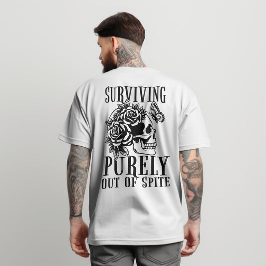 White + Surviving purely out of spite + Front skull + Mens T-Shirt + Modal shot